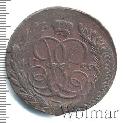 5 копеек 1759 г. ММ. Елизавета I. Обозначение монетного двора ММ (5 копеек 1759г. ММ. Cu. R, Ильин - 1 рубль, Петров - 1 рубль.)