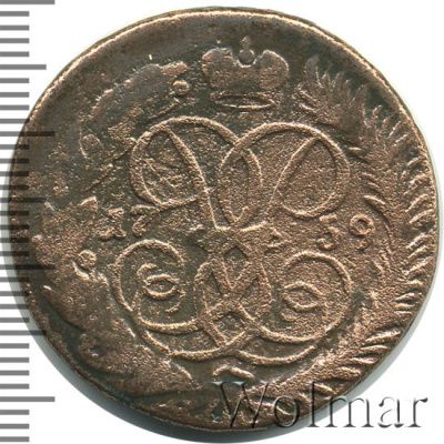 2 копейки 1759 г. Елизавета I. Номинал под св. Георгием. Красный монетный двор (2 копейки 1759г. Cu.)