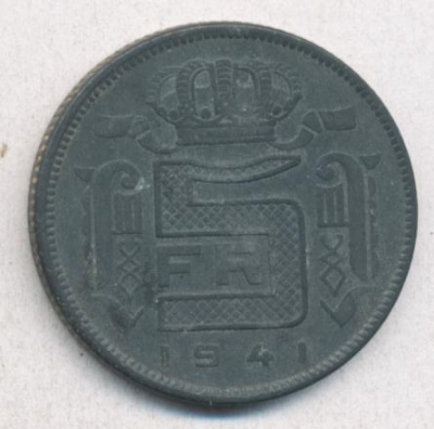 Бельгия 5 франков, 1941 (5 франков. Бельгия 1941)