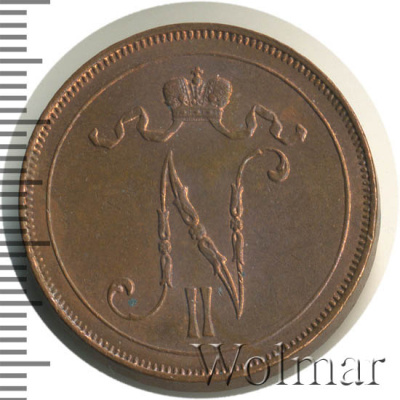 10 пенни 1917 г. Для Финляндии (Николай II). С вензелем Николая II (10 пенни. Финляндия 1917г. Cu.)