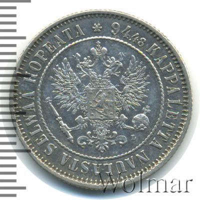 1 марка 1892 г. L. Для Финляндии (Александр III). (1 марка. Финляндия 1892г. L. Ag.)