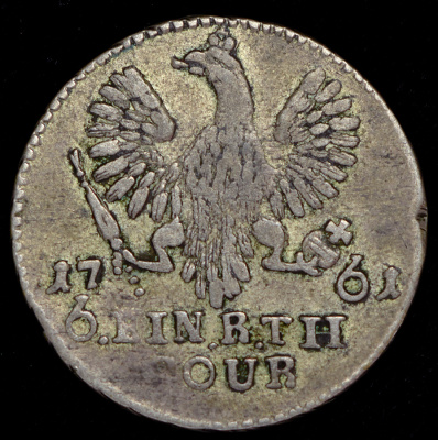 1/6 талера 1761 г. Для Пруссии (Елизавета I). Надпись под орлом "COUR" (1/6 талера 1761)