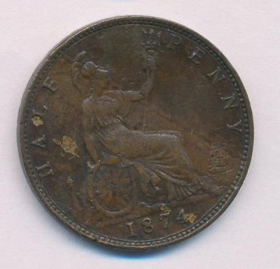 Великобритания ½ пенни, 1874 (1/2 пенни. Великобритания 1874)