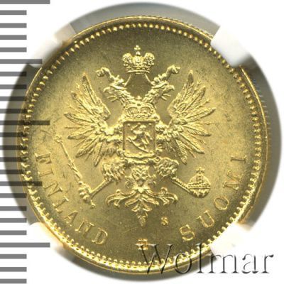 20 марок 1879 г. S. Для Финляндии (Александр II). (20 марок. Финляндия 1879г. S. Au.)
