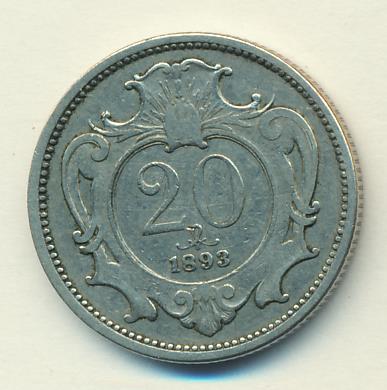 Австрия 20 геллеров, 1893 (20 геллеров. Австрия 1893)