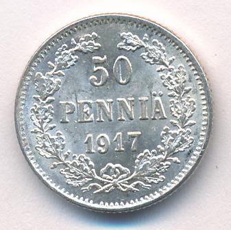 50 пенни 1917 г. S. Для Финляндии (Николай II). Гербовый орел без корон (50 пенни. 1917)