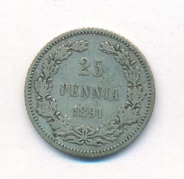 25 пенни 1891 г. L. Для Финляндии (Александр III). (25 пенни. 1891)