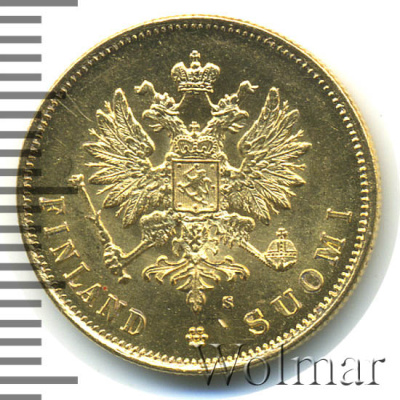 10 марок 1879 г. S. Для Финляндии (Александр II). (10 марок. Финляндия 1879г. S. Au.)