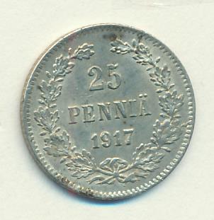 25 пенни 1917 г. S. Для Финляндии (Николай II). Гербовый орел без корон (25 пенни. 1917)