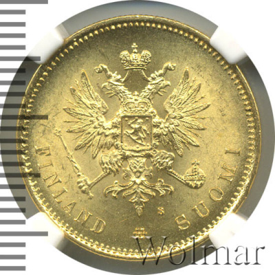 20 марок 1879 г. S. Для Финляндии (Александр II). (20 марок. Финляндия 1879г. S. Au.)