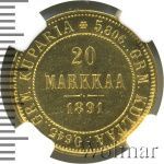 20 марок 1891 г. L. Для Финляндии (Александр III). (20 марок. Финляндия 1891г. L. Au. R)