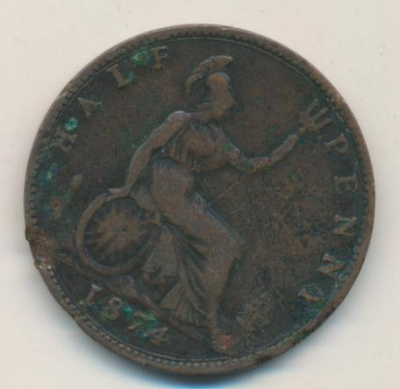 Великобритания ½ пенни, 1874 (1/2 пенни. Великобритания 1874)