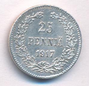 25 пенни 1917 г. S. Для Финляндии (Николай II). Гербовый орел без корон (25 пенни. 1917)