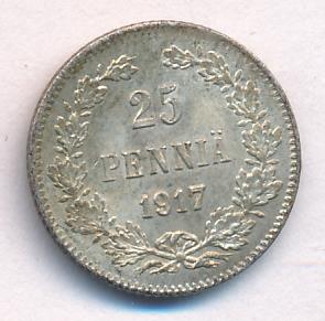 25 пенни 1917 г. S. Для Финляндии (Николай II). Гербовый орел без корон (25 пенни. 1917)