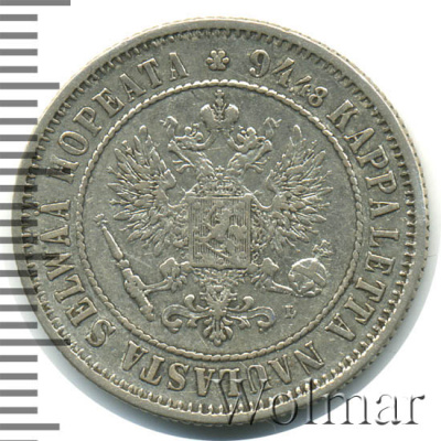 1 марка 1892 г. L. Для Финляндии (Александр III). (1 марка. Финляндия 1892г. L. Ag.)