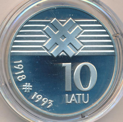 Латвия 10 латов, 1993 (10 лат. Латвия. 75 лет Латвийской республике 1993)