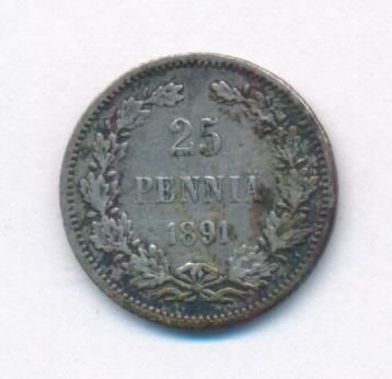 25 пенни 1891 г. L. Для Финляндии (Александр III). (25 пенни. 1891)