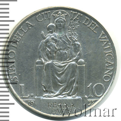 Ватикан 10 лир, 1935 (10 лир. Ватикан 1935г. Ag.)
