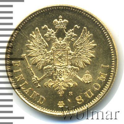 10 марок 1879 г. S. Для Финляндии (Александр II). (10 марок. Финляндия 1879г. S. Au.)