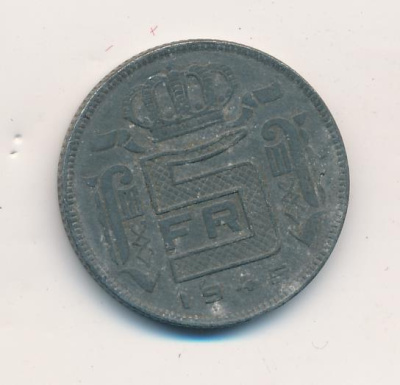 Бельгия 5 франков, 1945 (5 франков. Бельгия 1945)