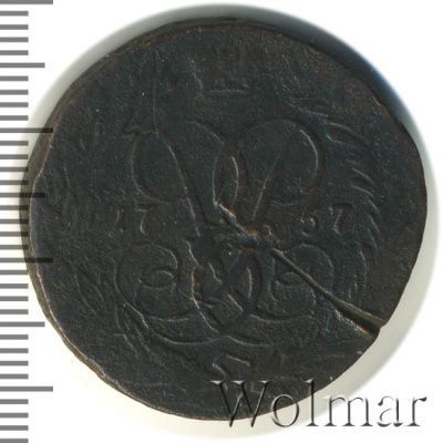2 копейки 1757 г. Елизавета I. Номинал над св. Георгием. Гурт Екатеринбургского монетного двора (2 копейки 1757г. Cu.)