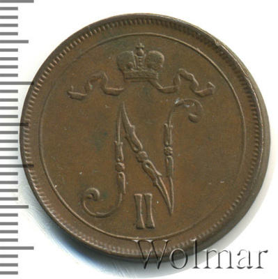 10 пенни 1917 г. Для Финляндии (Николай II). С вензелем Николая II (10 пенни. Финляндия 1917г. Cu.)