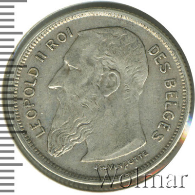 Бельгия 2 франка, 1909 (2 франка. Бельгия 1909г. Ag.)