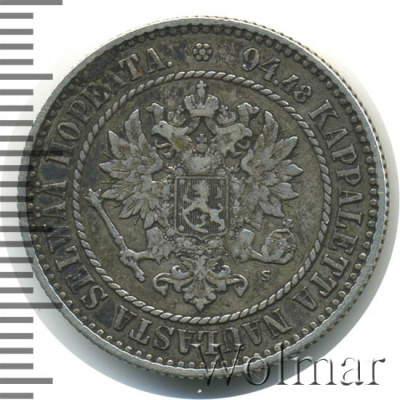 1 марка 1864 г. S. Для Финляндии (Александр II). (1 марка. Финляндия 1864г. S. Ag.)