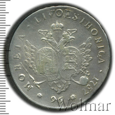 96 копеек 1757 г. Ливонезы (Елизавета I). Тиражная монета (96 копеек. Ливонез 1757г. Ag. R, Петров - 6 рублей, Ильин - 6 рублей.)