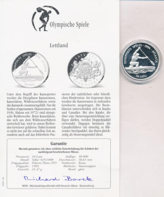 Латвия 10 латов, 1994 (10 лат. Латвия. Олимпиада. Сертификат. 1994)
