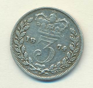 Великобритания 3 пенса, 1874 (3 пенса. Великобритания 1874)