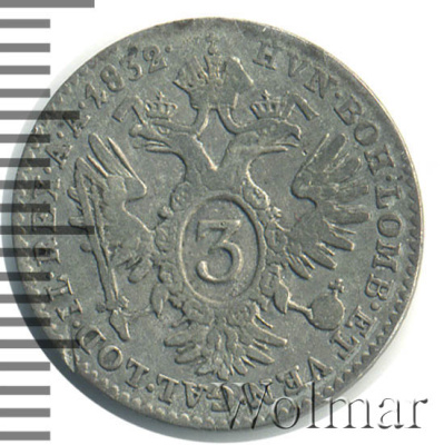 Австрия 3 крейцера, 1832 (3 крейцера. Австрия 1832г. А. Ag.)