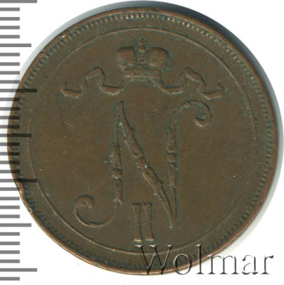 10 пенни 1917 г. Для Финляндии (Николай II). С вензелем Николая II (10 пенни. Финляндия 1917г. Cu.)