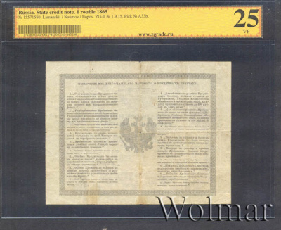 1 рубль 1865 г. СПБ НФ. Александр II. (1 рубль. Россия 1865г. Бумага.)