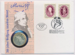 Австрия 25 шиллингов, 1956 (25 шиллингов. Австрия. 200 лет со дня рождения Вольфганга Амадея Моцарта. В конверте, с маркой 1956)