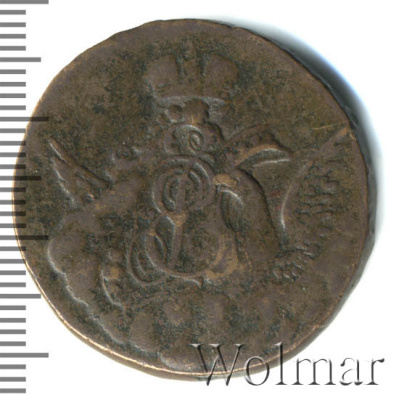 1 копейка 1757 г. Елизавета I. Орел в облаках. Екатеринбурский монетный двор (1 копейка 1757г. Cu. R, Петров - 1 рубля, Ильин -  1 рубль.)