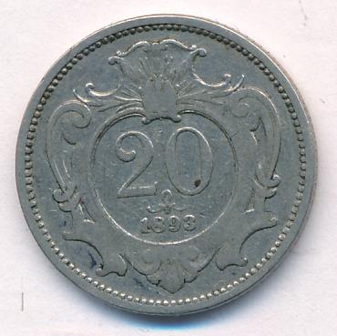 Австрия 20 геллеров, 1893 (20 геллеров Австрия. 1893)