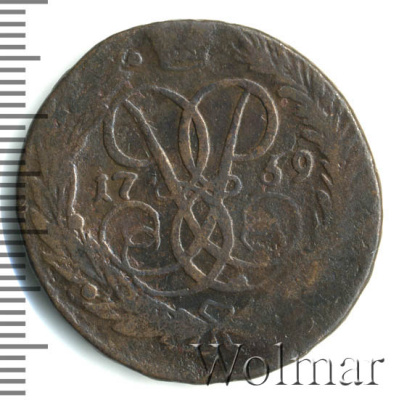 2 копейки 1759 г. Елизавета I. Номинал над св. Георгием. Гурт Екатеринбургского монетного двора (2 копейки 1759г. Cu.)