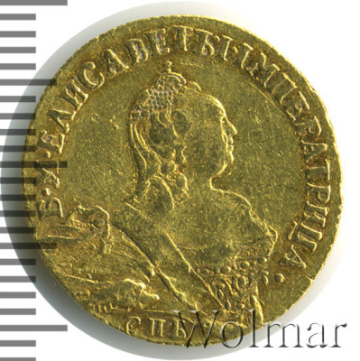 1 червонец 1757 г. СПБ Ю. Елизавета I. Орел на реверсе (Червонец 1757г. СПБ.  Au 3,44. RR Петров - 35 рублей, Ильин - 20 рублей)