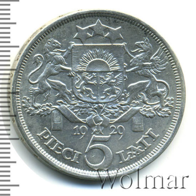 Латвия 5 латов, 1929 (5 лат. Латвия 1929г. Ag.)