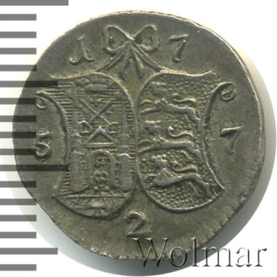 2 копейки 1757 г. Ливонезы (Елизавета I). (2 копейки. Ливонез 1757г. Ag. RR, Петров - 4 рубля.)