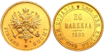 20 марок 1880 г. S. Для Финляндии (Александр II). (20 марок 1880 года. S. R1. ННР MS62, Слабе)