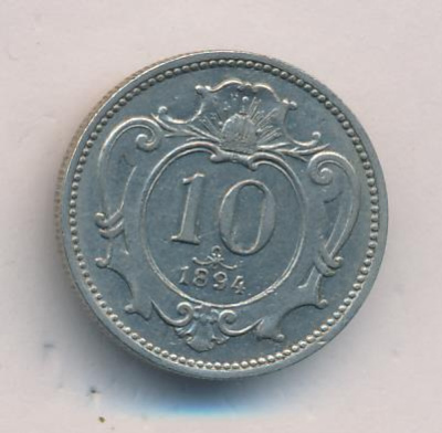 Австрия 10 геллеров, 1894 (10 геллеров. Австрия. 1894)