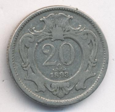 Австрия 20 геллеров, 1893 (20 геллеров. Австрия 1893)