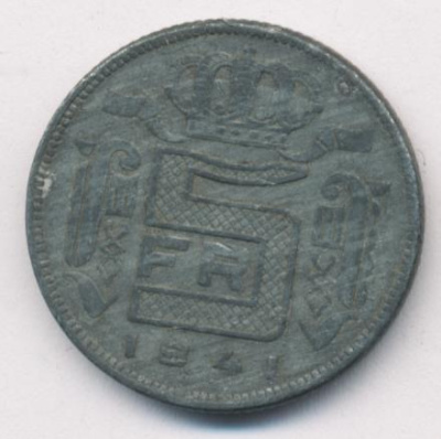 Бельгия 5 франков, 1941 (5 франков. Бельгия 1941)