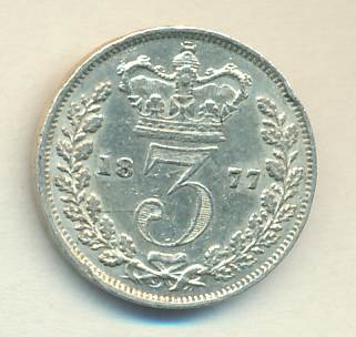 Великобритания 3 пенса, 1877 (3 пенса. Великобритания 1877)