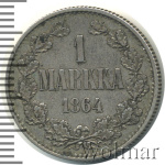 1 марка 1864 г. S. Для Финляндии (Александр II). (1 марка. Финляндия 1864г. S. Ag. RR)