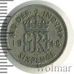 Великобритания 6 пенсов, 1948 (6 пенсов. Великобритания 1948г. Cu-Ni.)