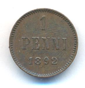 1 пенни 1892 г. Для Финляндии (Александр III). (1 пенни. 1892)