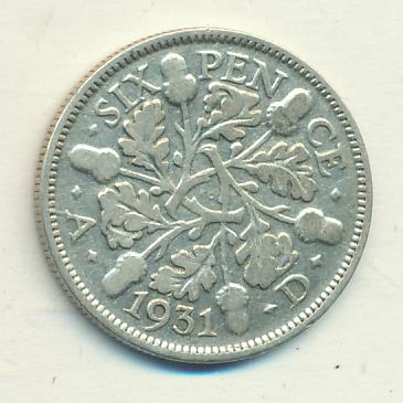 Великобритания 6 пенсов, 1931 (6 пенсов Великобритания 1931)